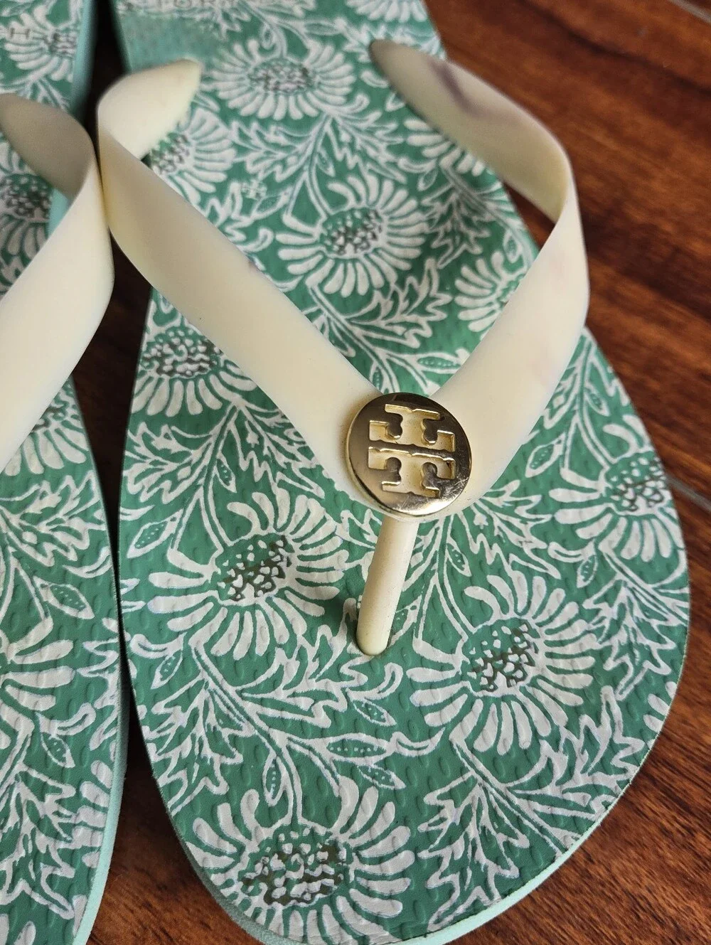 Tory Burch Logo Floral Green & Cream Flip Flops